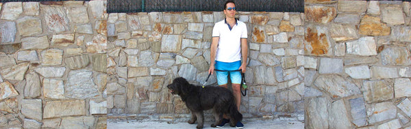 A man with white t-shirt and blue shorts walking with his black dog outdoors.