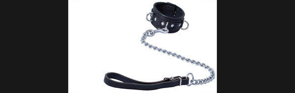 Black leather collar with the leash on white background